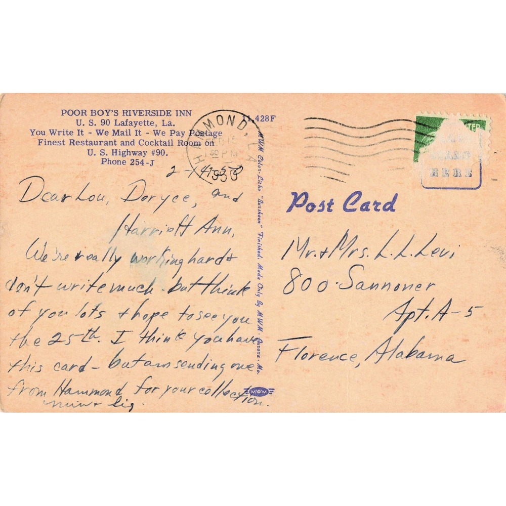 Poor Boy's Riverside Inn Lafayette LA Linen Postcard 1951 Roadside Restaurant - Picture 2 of 2